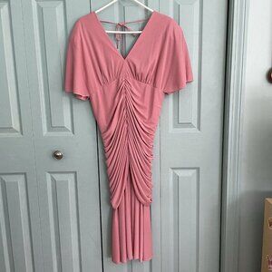 After Dark Vintage Draped Ruched Flutter Sleeve  VNeck Pink Party Dress 7-8